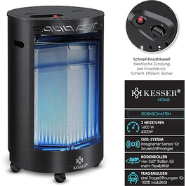 Газовий обігрівач KESSER 4200 Вт, керамічний інфрачервоний, з редуктором і шлангом, для бутану/пропану, з чохлом, чорний(Газовий балон не входить у комплект)