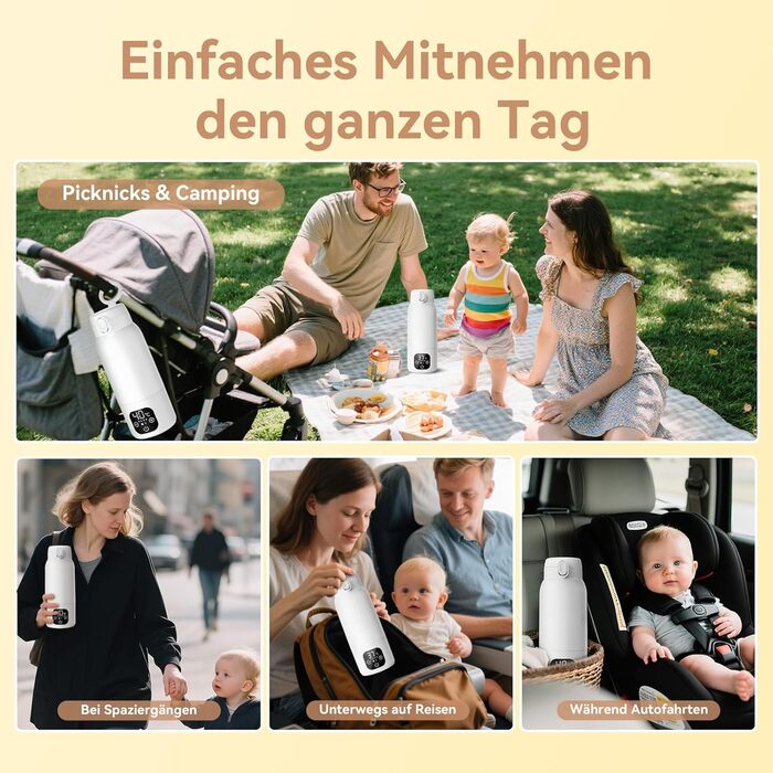 Портативний підігрівач для пляшечок з дитячим харчуванням, 500 мл – швидкий нагрів за 3 хв, тривалий час роботи акумулятора, підтримання температури до 24 год для грудного молока, суміші та води (Сніжно-білий)