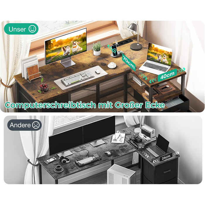Комп'ютерний стіл Coleshome L-подібний з висувними ящиками з тканини, USB-роз'ємом та розеткою, для дому та офісу (Колір: Коричневий, 140x70 см)