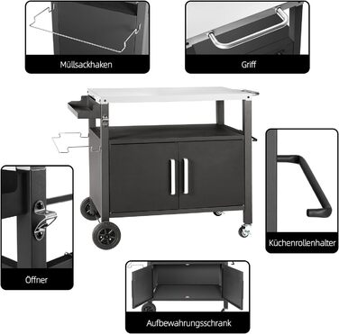 Набір для гриля з великою робочою поверхнею | Гриль-стіл, вуличний гриль-тролей, стіл з нержавіючої сталі для саду, срібно-чорний 112*59*82см