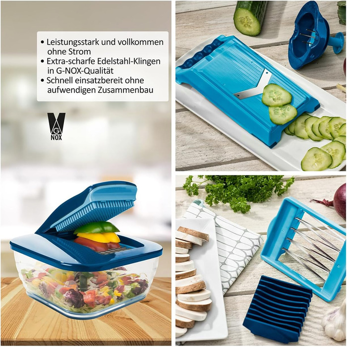 Набір для нарізки овочів Nicer Dicer Chef 15 елементів: нарізник, шинкувальник, нарізник для салату, кубик-нарізник, нарізник для картоплі фрі, хвилястий нарізник, мульти-подрібнювач для фруктів та овочів, кухонний аксесуар з рецептами (блакитний)