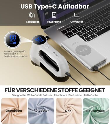 Електричний видалення ворсу CuieTuee з LED, USB-зарядкою, 3 швидкості, 2000mAh - для одягу, білий