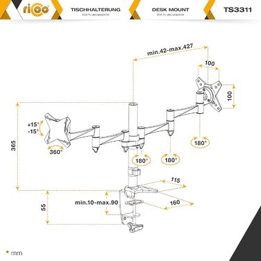 Підставка для монітора RICOO TS6911 для 3 моніторів (13-26 дюймів)