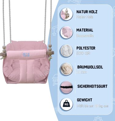 Дитяча гойдалка для дому та саду з бука, рожева. Максимальне навантаження 25 кг. Комплект кріплення
