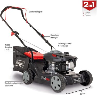 Бензиновий газонокосарка Scheppach MP132-40 - 3.3 PS, ширина косіння 40 см, 3 положення висоти стрижки, кошик 35 л, легкий та компактний, великі колеса, без приводного двигуна (включено моторне масло)