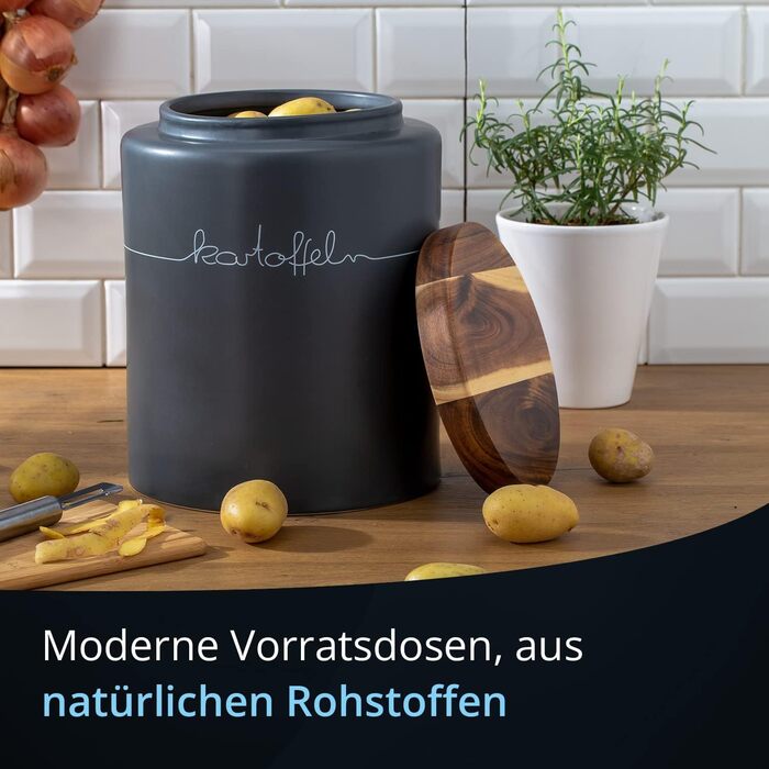 Контейнер для картоплі KHG, кераміка, сірий антрацит з дерев'яним кришкою, 4 кг, з маркуванням, висота 28/21,5 см