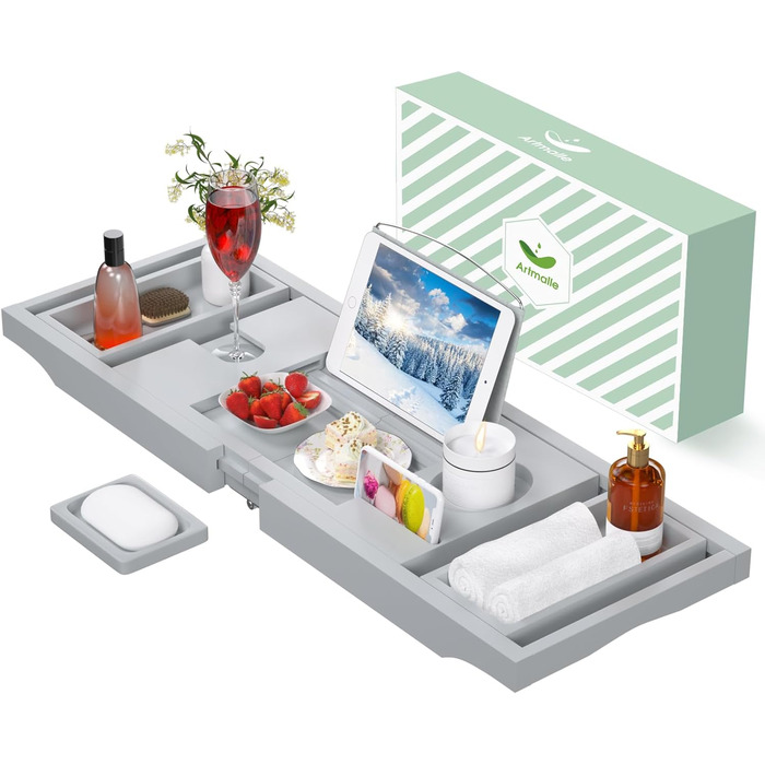 Підставка для ванни Artmalle, складана бамбукова підставка для ванни з тримачем для книги та келиха, безкоштовна мильниця, для розслаблення та читання, натуральний бамбук (сірий, складна)