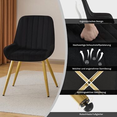 Набір з 4-х стільців Lestarain для їдальні, вітальні, кухні. Ретро стільці з м'яким сидінням (велюр, чорний), металеві ніжки, до 150 кг.