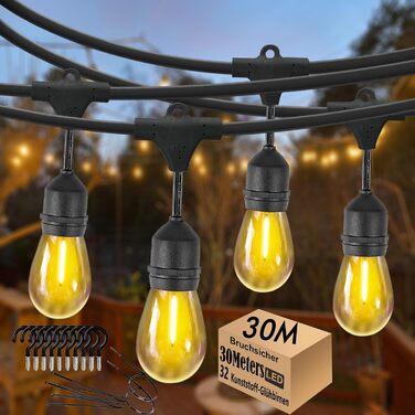 LED гірлянда для саду та тераси, 30 метрів, IP65, 15+1 лампочки E27, 2700K (тепле біле світло), для декору саду, вечірок та свят