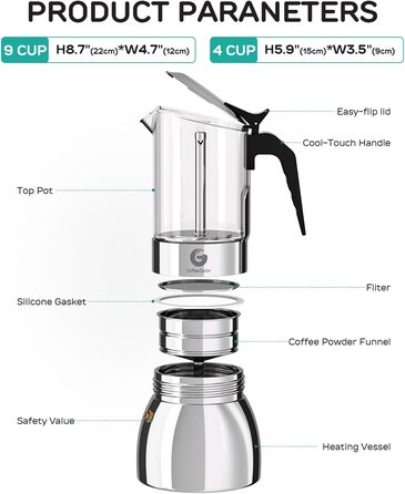 Кавоварка Espresso Gator для плити, мока-каструля з прозорого скла та нержавіючої сталі - кава по-італійськи, 9 чашок (450 мл), нержавіюча сталь