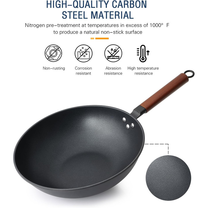 Кордісен Вок з антипригарним покриттям 33 см, 5.6 л з кришкою, без хімічного покриття, попередньо приправлений, підходить для індукційних, електричних та газових плит