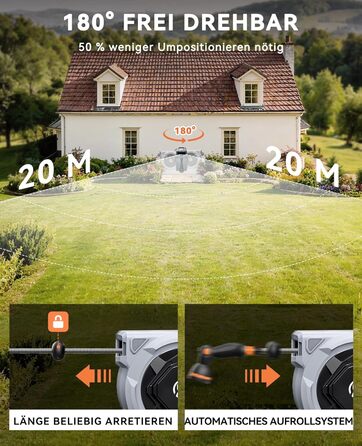 Шланговий барабан SUNPOW настінний 30м, 16 мм - автоматичний згортач з фіксацією, поворотна стіна, 10 функцій для саду, тераси та двору