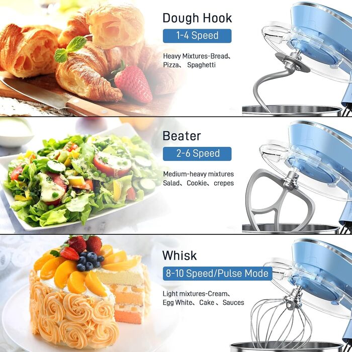 Кухонна машина Vezzio 1500W з чашею 8.5L з нержавіючої сталі, 10 швидкостей, для замішування та збивання тіста, з набором насадок (Синій)
