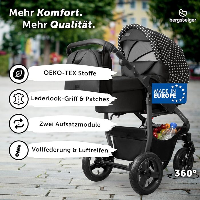 Дитяча коляска 3-в-1 Bergsteiger Capri - люлька, автокрісло i-Size, прогулянкове сидіння, повітряні колеса, амортизація, регульована ручка, складна, з аксесуарами (чорна в горошок | рама: антрацитова, дитяча коляска)
