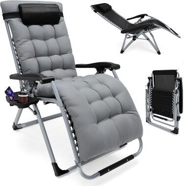 Шезлонг для відпочинку, розкладний, широка спинка 72 см, для саду, патіо, пляжу, басейну, з подушкою, 200 кг (Світло-сірий)
