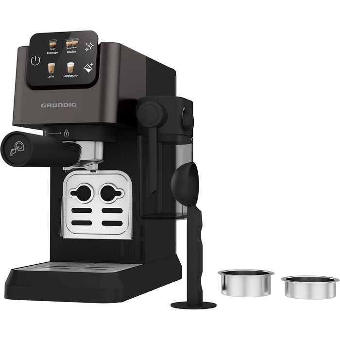 Еспресо-машина GRUNDIG KSM 6430 з вбудованим контейнером для молока, 1628 Вт, 20 бар, 2-дозова, Touch-Display, BrewSense, CreamyPro, Dark Inox/Schwarz, сумісна з капсулами та падами