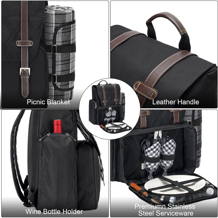Набір для пікніка на 4 особи з великою ізольованою сумкою-холодильником, набір для пікніка з мішком для вина, водонепроникний плед та набір столових приборів. Ідеально для пляжу, вечірки, подарунок на весілля для пари на 4 особи, чорний