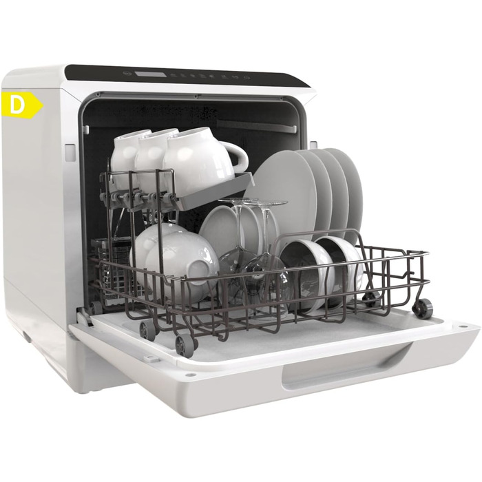 Компактна посудомийна машина Hermitlux Mini на 5 комплектів посуду (5л бак), 6 програм миття, 360° розпилювачі, функція сушіння, енергоклас D, без встановлення, скляні/суцільні дверцята