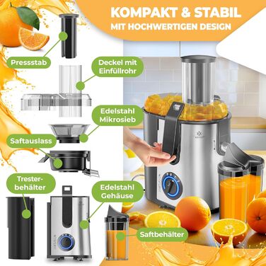 Електрична соковитискачка KESSER® Zentrifuge з нержавіючої сталі, 1100W, велика трубка для завантаження, 3 швидкості, сірий/сріблястий колір