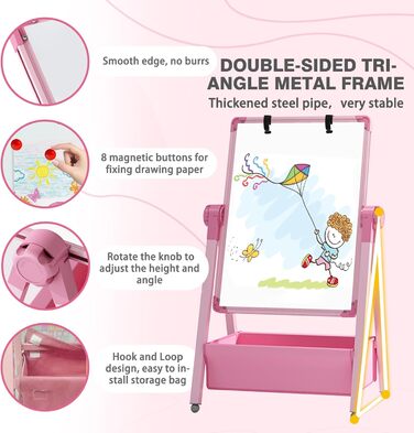 Дитяча мольберт Kinderstaffelei: двосторонній, сталевий, регульований, 360° обертання, дошка для малювання, крейда та маркери для хлопчиків та дівчаток