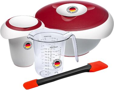 Набір для приготування та випічки Westmark Duo 4 предметів: каструля з кришкою 1 л, миска для замішування 3,5 л з кришкою, мірна склянка 1 л, лопатка для тіста, пластик/силікон, прозорий/білий/червоний/чорний