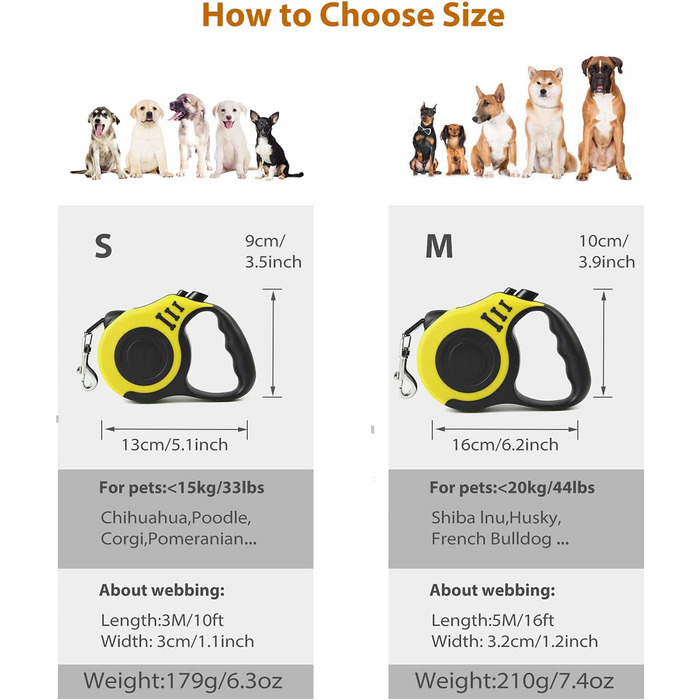 Повідець для собак PETCUTE висувний, повідець для собак з міцним нейлоновим ремінцем, ергономічна Нековзна ручка, повідець для собак малого та середнього розміру, одноручне гальмо / пауза /засувка (5 м, жовтий)