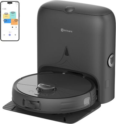 Робот-пилосос з функцією миття, автоматичне спорожнення (75 днів), потужність 8500Pa, зрізач для шерсті тварин, лазерна іграшка для котів, лазерна навігація, знімне м'яке прибирання, робот-пилосос для твердих поверхонь, килимів та шерсті тварин, чорний