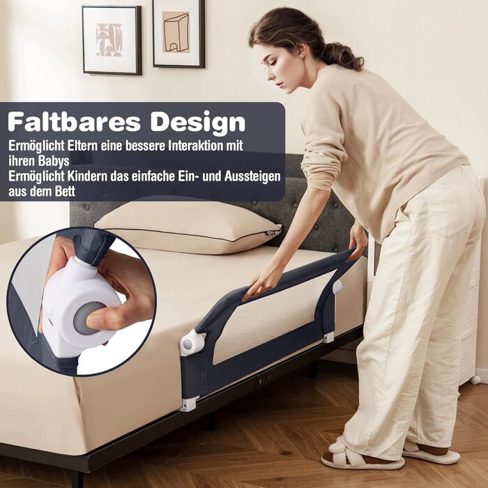 Бортик для ліжка COSTWAY складаний, захисний бар'єр для дитячого ліжка та ліжка для батьків (105x42 см, темно-сірий) з регульованими ременями та швидким складанням