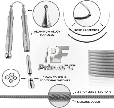 Скакалка PrimaFIT для дорослих, професійна швидкісна Скакалка для фітнесу, 3 м, Регульована з обтяженнями, 2 шарикопідшипника і протиковзкі ручки, професійний Скакалка для боксу, ММА, кроссфіта, додатковий сталевий канат, кишеньковий Срібний