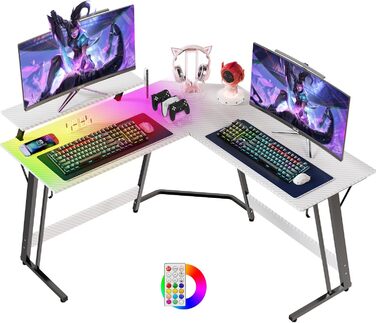 Ігровий кутовий стіл Devoko 130x130 см з LED RGB-підсвіткою, підставкою для монітора та гачком для навушників, карбоновий білий