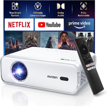 Aurzen Eazze D1 Smart Beamer: 4K проєктор для домашнього кіно з підтримкою 4K, Full HD 1080P, Netflix, Dolby Audio, автофокусом, корекцією трапеції, Wi-Fi, Bluetooth, білий