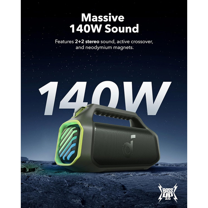 Soundcore Boom 2 Plus: портативна Bluetooth колонка для кемпінгу, 140W, IPX7, RGB, Power Bank, USB-C