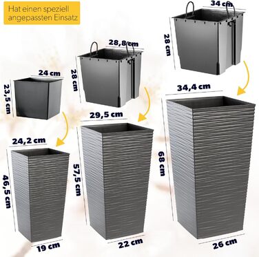 Набір горщиків для квітів KADAX (3 шт.) – 36/46,5/57,5 см, пластик, для дому та саду, сірий