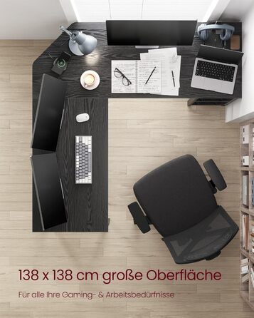 VASAGLE L-подібний кутовий стіл для комп'ютера, 138 x 138 x 76 см, з 2 полицями, для офісу та дому, ігровий, чорний з імітацією дерева, LWD072B56