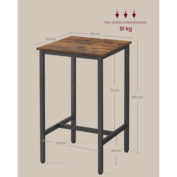 Столик барний VASAGLE, кухонний, для вітальні, 60x60x106 см, сталевий каркас, індустріальний дизайн, вінтажний колір, проста збірка LBT035K01