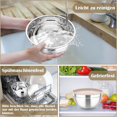 Набір салатниць TEAMFAR 6 шт. з нержавіючої сталі з кришками та силіконовими ніжками, 0,7L / 1,5L / 1,6L / 2,5L / 2,8L / 4,6L, багатофункціональний, для миття в посудомийній машині, з терками