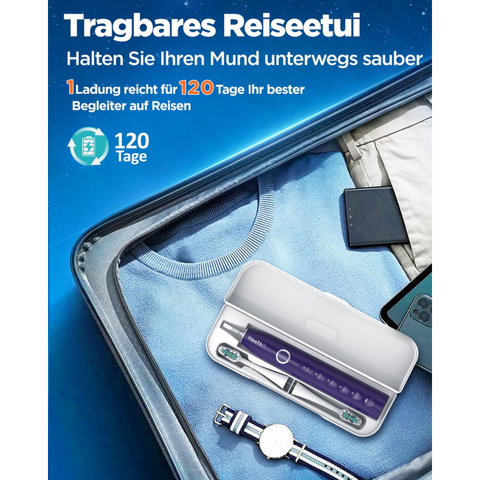 Електрична зубна щітка зі звуковими вібраціями, 8 насадок (3 типи), таймер, 120 днів роботи від акумулятора, 5 режимів чищення, чохол для подорожей, зарядний пристрій, що кріпиться до стіни (фіолетовий)