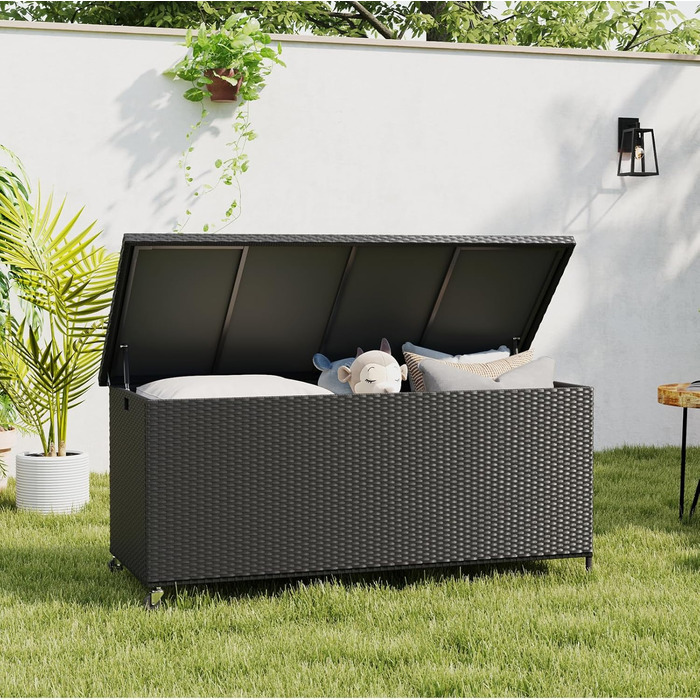 Водонепроникний садовий ящик Amopatio Gartenbox 480л з поліротангу, металевий ящик для подушок на колесах з газліфтом, чорний