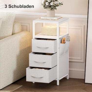 Нічний столик з підзарядкою та LED-підсвіткою, білий, 25x30x60 см, з 3 висувними ящиками, полицею та USB/Type-C портами