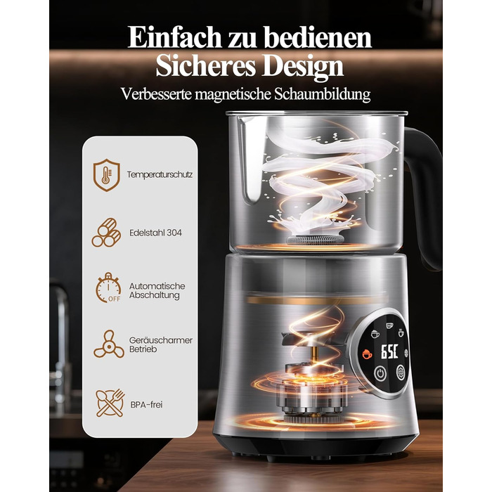 Електричний спінювач молока 5 в 1 - автоматичний спінювач молока з великим об'ємом, для гарячого та холодного молока, для капучино, лате, гарячого шоколаду, 500 мл, миється в посудомийній машині