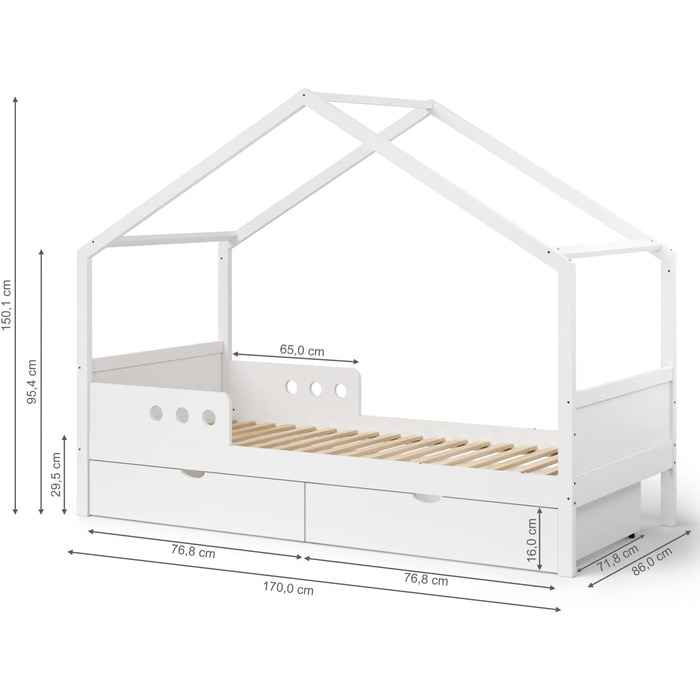 Дитяче ліжко Bellabino Bela для дітей та захисту від падіння, біле дитяче ліжко, дитяче ліжко для малюків та молодіжне ліжко з масиву сосни для дівчаток та хлопчиків з рейковим каркасом (80 х 160 см, з 2 висувними ящиками)