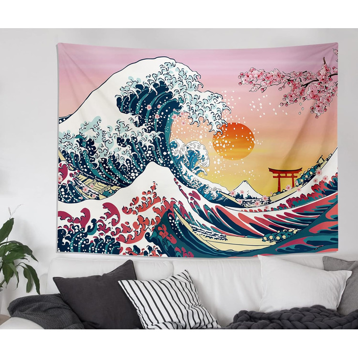 Японський гобелен, The Great Wave Sunset настінний, рожевий, 200x150см