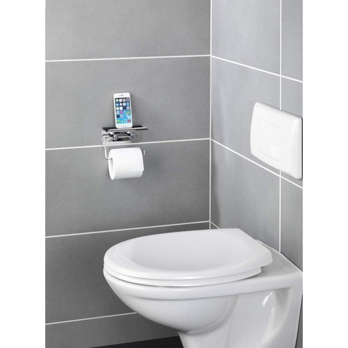Тримач для туалетного паперу WENKO з лотком для смартфона Нержавіюча сталь, нержавіюча сталь, 14 x 11,5 x 7 см, глянцевий