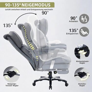 Офісне крісло Efomao X-Stickerei для дому та офісу, шкіряне (PU) для великих та високих, з регульованою спинкою, підставкою для ніг та підтримкою попереку, чорне, до 200 кг