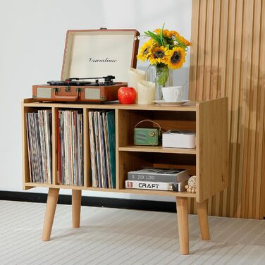Підставка для програвача з місцем для зберігання вінілових платівок, до 136 кг, велика стільниця для альбомів, з тримачем, дерев'яна підставка для вінілу (Nature)