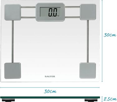 Скляні електронні ваги для ванної кімнати Salter 9018S SV3R, вантажопідйомність 180 кг, РК-дисплей, що легко читається, швидкий старт, велика поверхня для зважування загартованого скла, з батарейками, сріблястий/прозорий (макс. 150 кг)