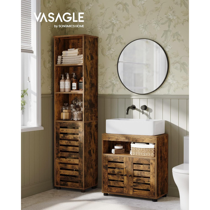 Підставка під раковину VASAGLE, шафка для ванної кімнати, 60 x 30 x 63 см, шафка для ванної, комод для зберігання з 2 дверцятами-решітками, з регульованою полицею, вінтажний коричневий BBK04BX