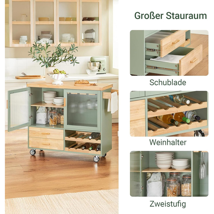 Буфет-комод SoBuy з полицями для вина, мікрохвильовки та скляними дверцятами, 120x90x40 см, зелений