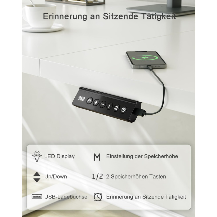 Регульований стіл JUMMICO з USB-портом для зарядки, електричний, 160 x 70 см, білий