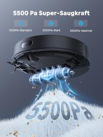 Робот-пилосос Vyzzle з вологою тканиною 5500 Па, док-станція 3.5л, для шерсті тварин, килимове покриття, керування через додаток, голосове керування Alexa & Google Assistant (Чорний)